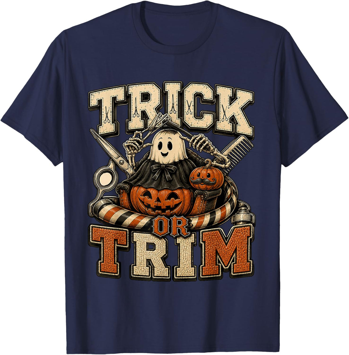 Funny Ghost Hair Stylist Trick or Trim Halloween Barber T-Shirt - Navy Blue
