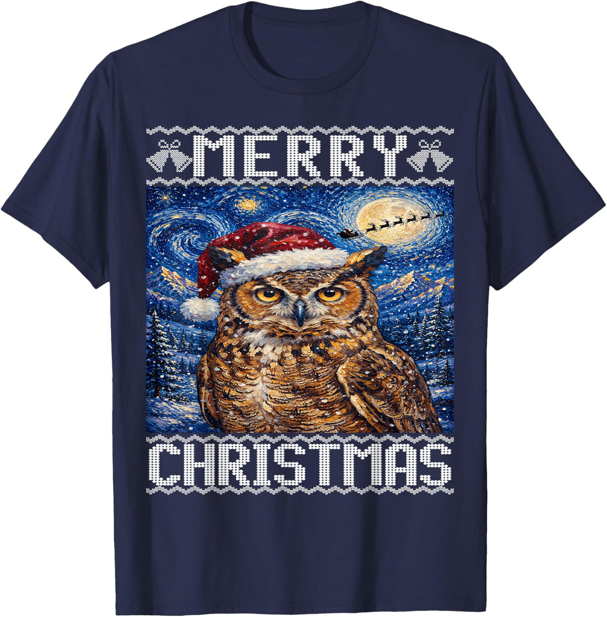 Great Horned Owl Merry Christmas Ugly T-Shirt - Navy Blue