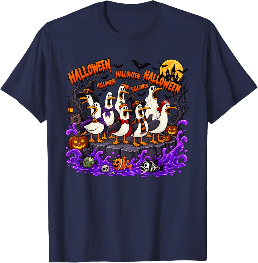 Funny Spooky Seagull Family Halloween Lover Design Men Women T-Shirt - Navy Blue