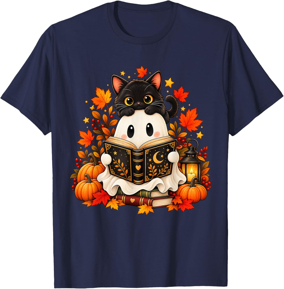 Cute Reading Ghost Black Cat Cozy Fall Book Lover T-Shirt - Navy Blue