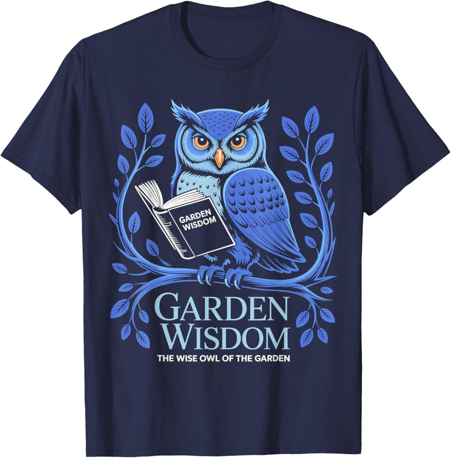 Garden Wisdom Owl Design - Wise Garden Owl T-Shirt - Navy Blue