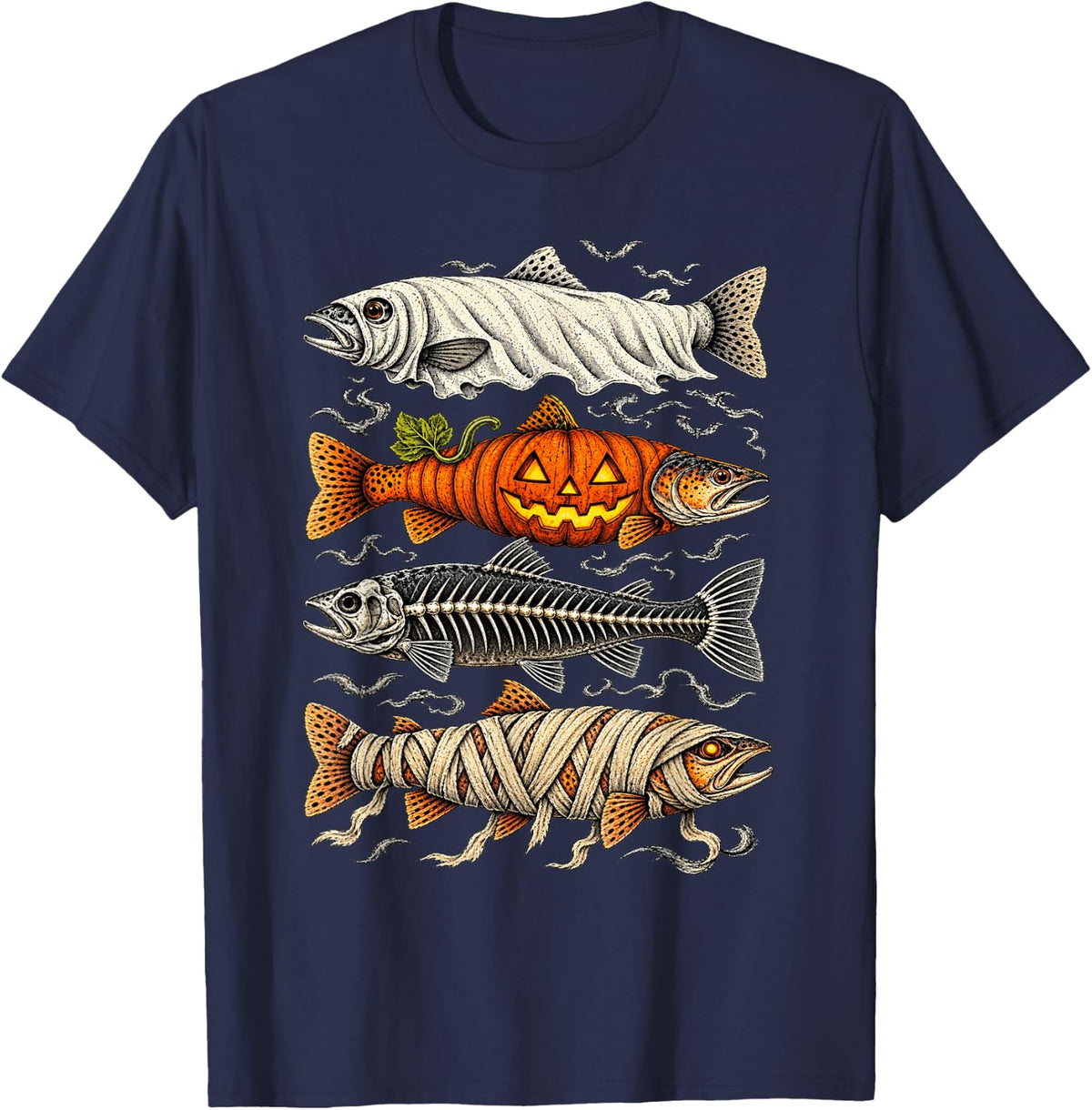 Halloween Trout Fish Fishing Ghost Pumpkin Skeleton Spooky T-Shirt - Navy Blue