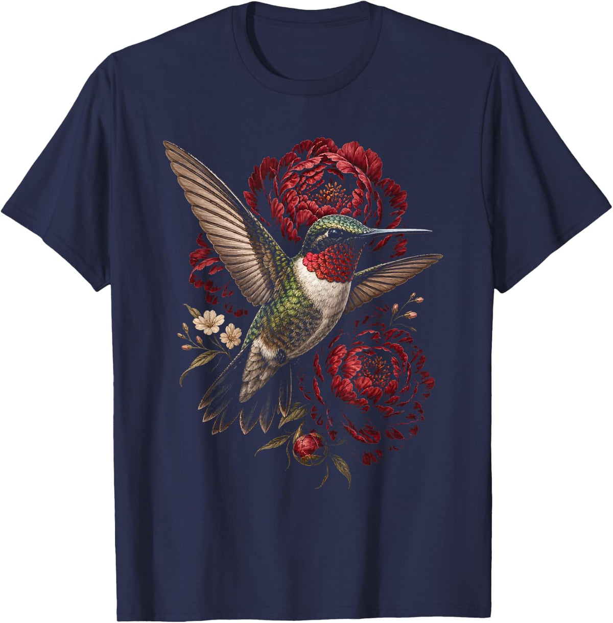 Bird Watching Hummingbird Peonies Wildflower Art T-Shirt - Navy Blue