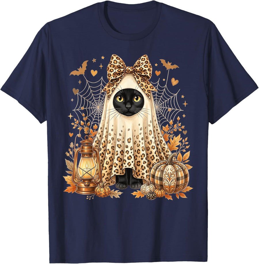 Cute Black Cat Ghost Costume Leopard Halloween Spooky T-Shirt - Navy Blue