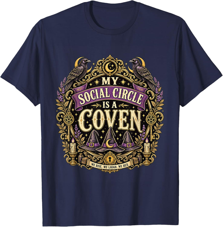 Vintage Witchy Coven Gothic Halloween Aesthetic Design T-Shirt - Navy Blue
