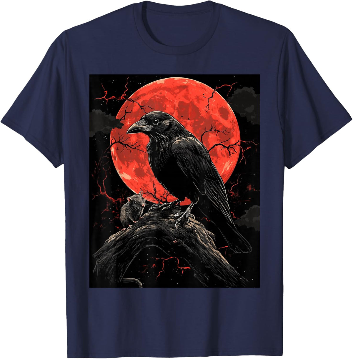 Raven Rat Moon Men Black Gothic Women Black Crow T-Shirt - Navy Blue