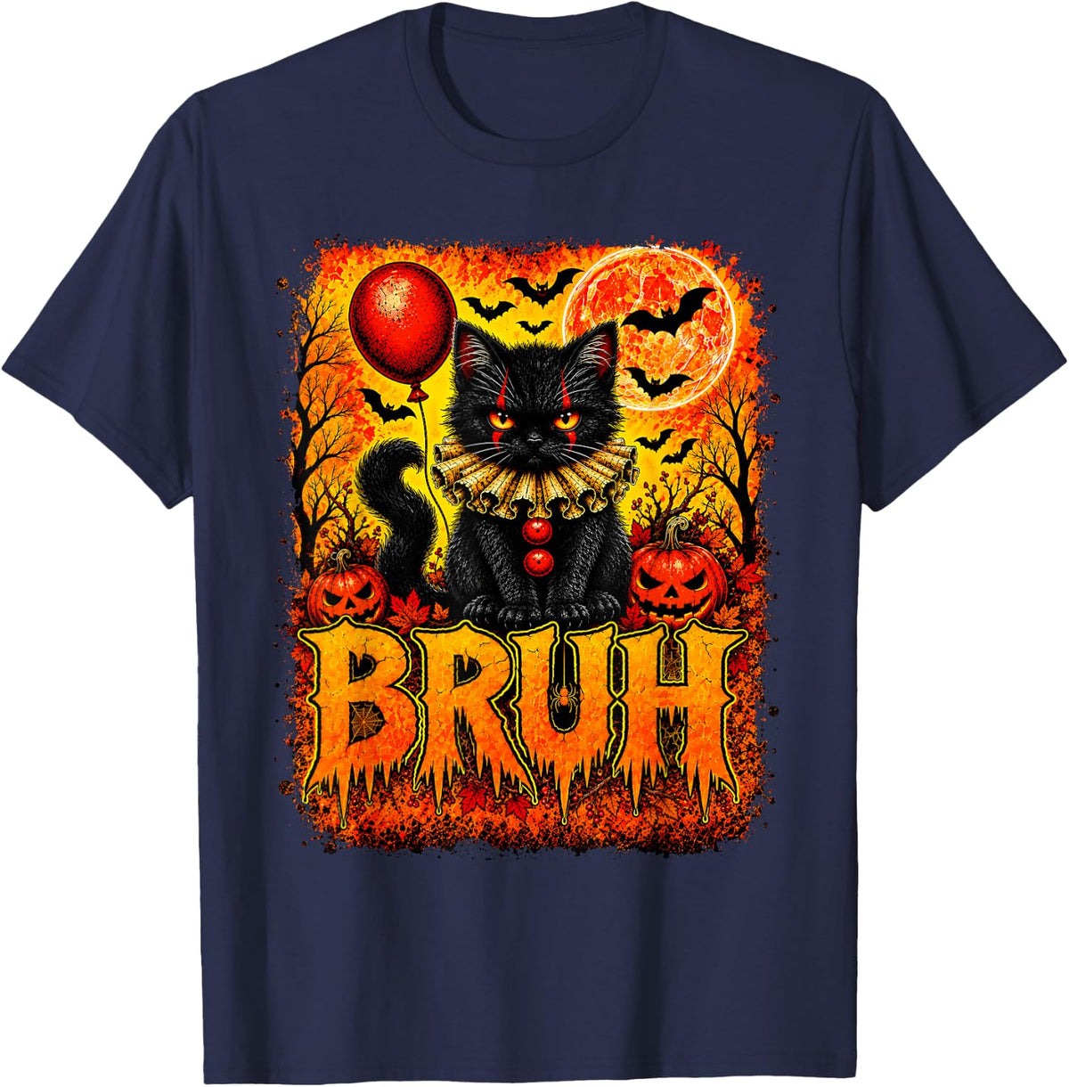 Funny Cat Bruh Meme Graphic Teens Boys Black Cat Halloween T-Shirt - Navy Blue