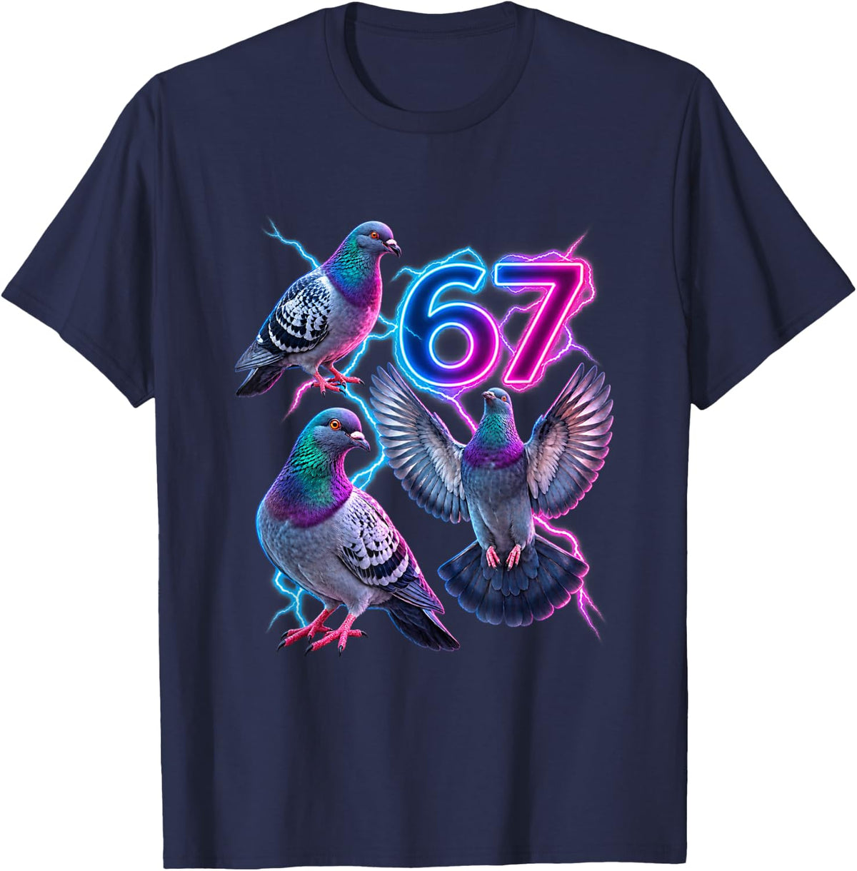 Funny Pigeons 67 Six Seven Trending Meme Retro Synthwave T-Shirt - Navy Blue