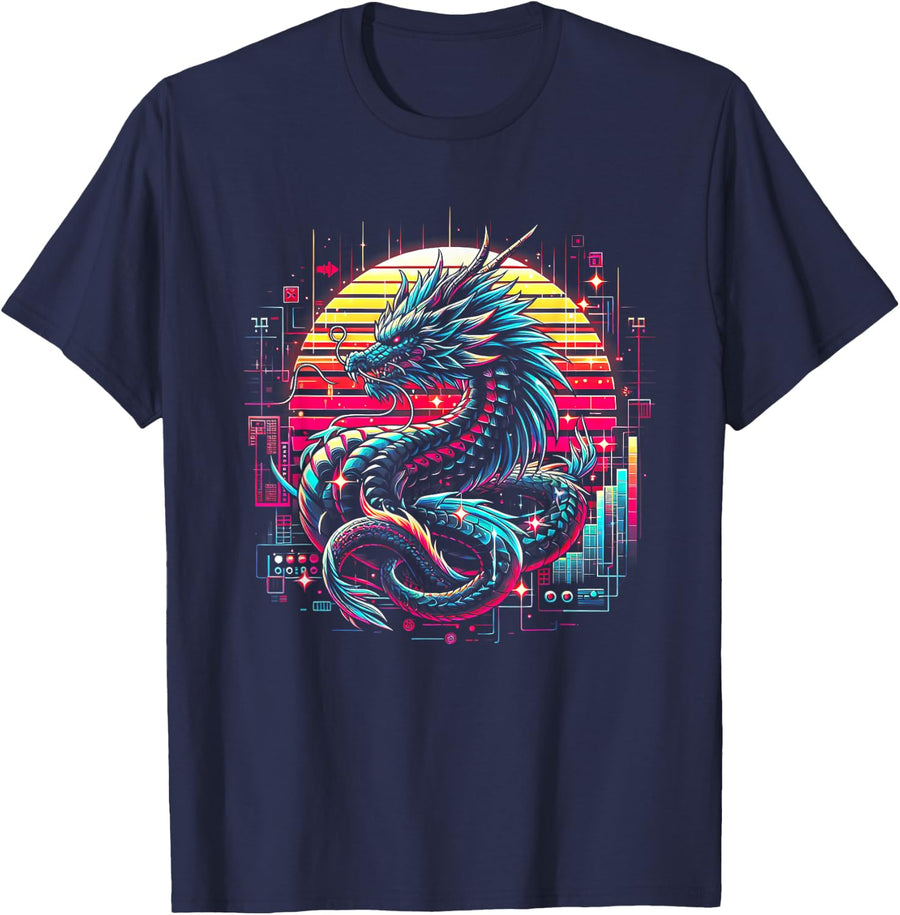Cyberpunk Dragon Retro Futuristic Outrun Synthwave Japan T-Shirt - Navy Blue