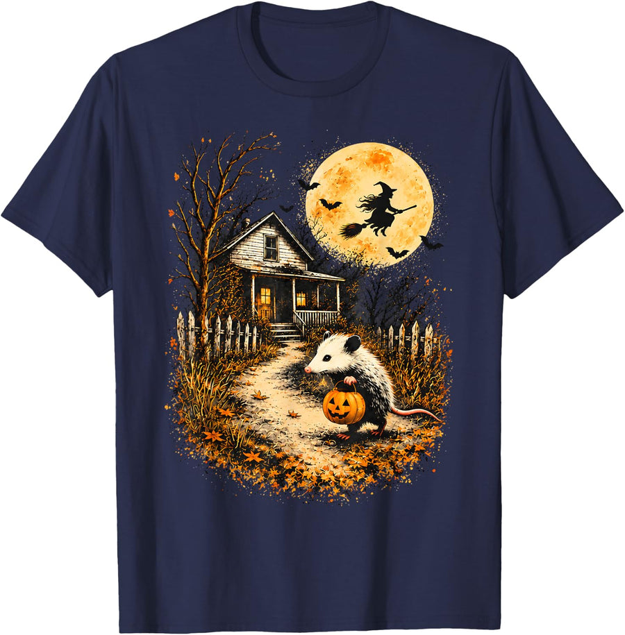 Vintage Opossum Halloween Witch Possum Pumpkin Spooky Moon T-Shirt - Navy Blue