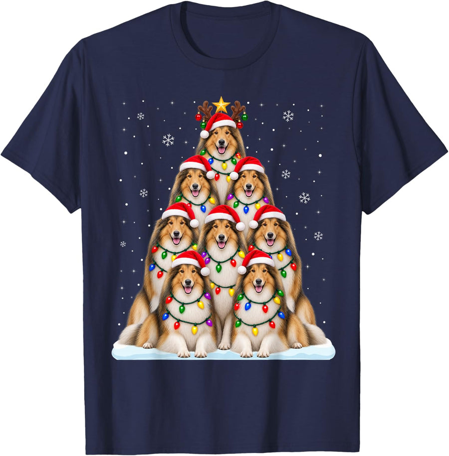 Rough Collie Christmas Tree Lights Pajama Dog Lover Xmas T-Shirt - Navy Blue