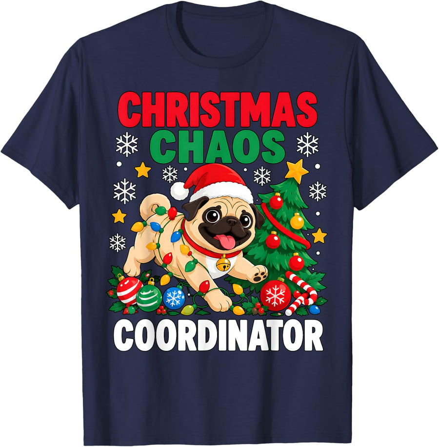 Christmas Chaos Coordinator Pug Santa Hat Xmas Lights T-Shirt - Navy Blue