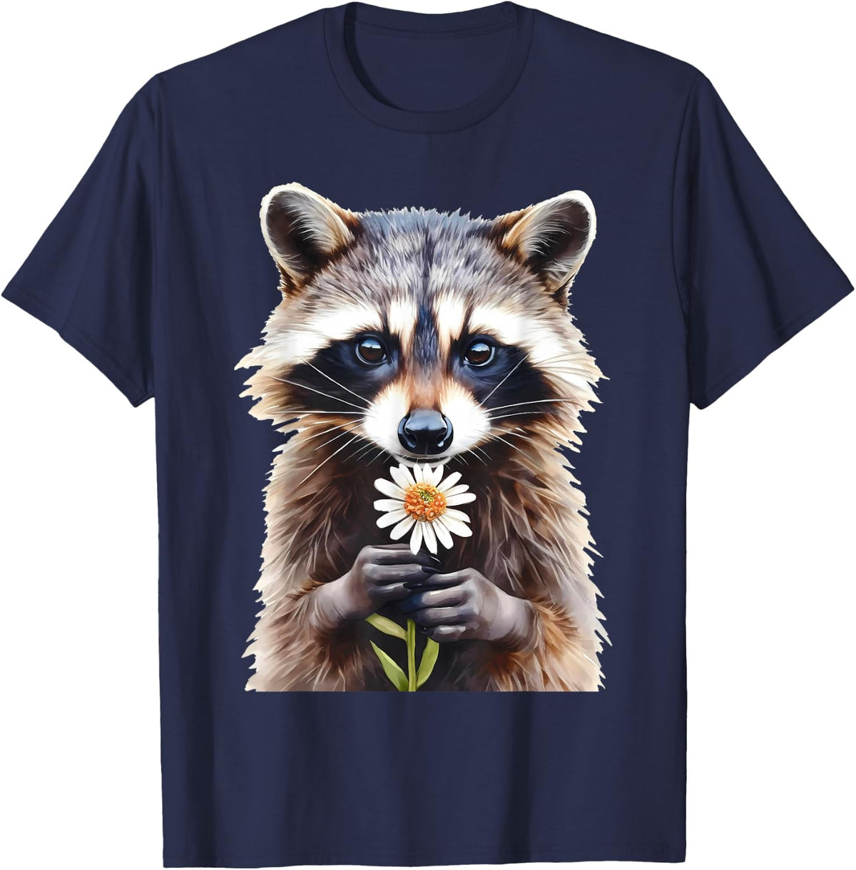 Cute Raccoon Holding Daisy Flower Trash Panda Gardener Lover T-Shirt - Navy Blue