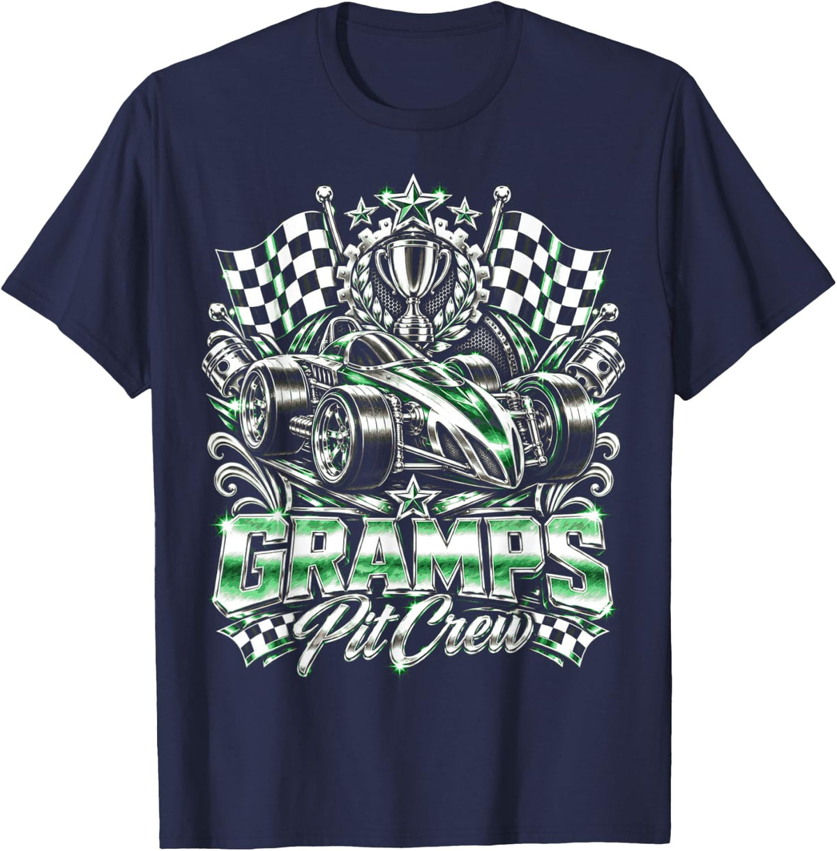Gramps Pit Crew Racing Car Checkered Flag Trophy T-Shirt - Navy Blue
