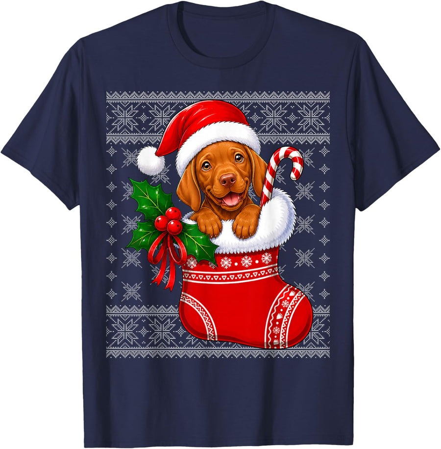 Vizsla Dog Christmas Stocking Cute Festive Vizsla Ugly Xmas T-Shirt - Navy Blue