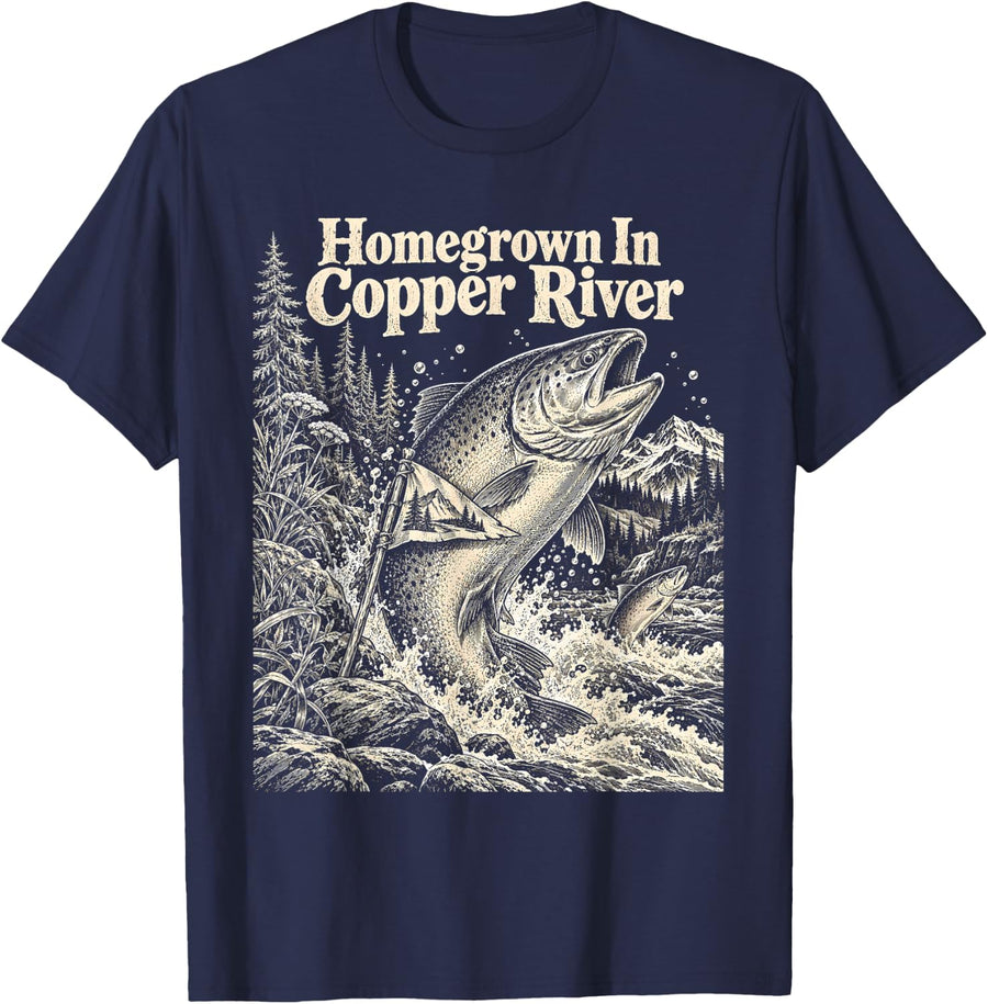 Homegrown in Copper River Fishing Trout Vintage T-Shirt - Navy Blue