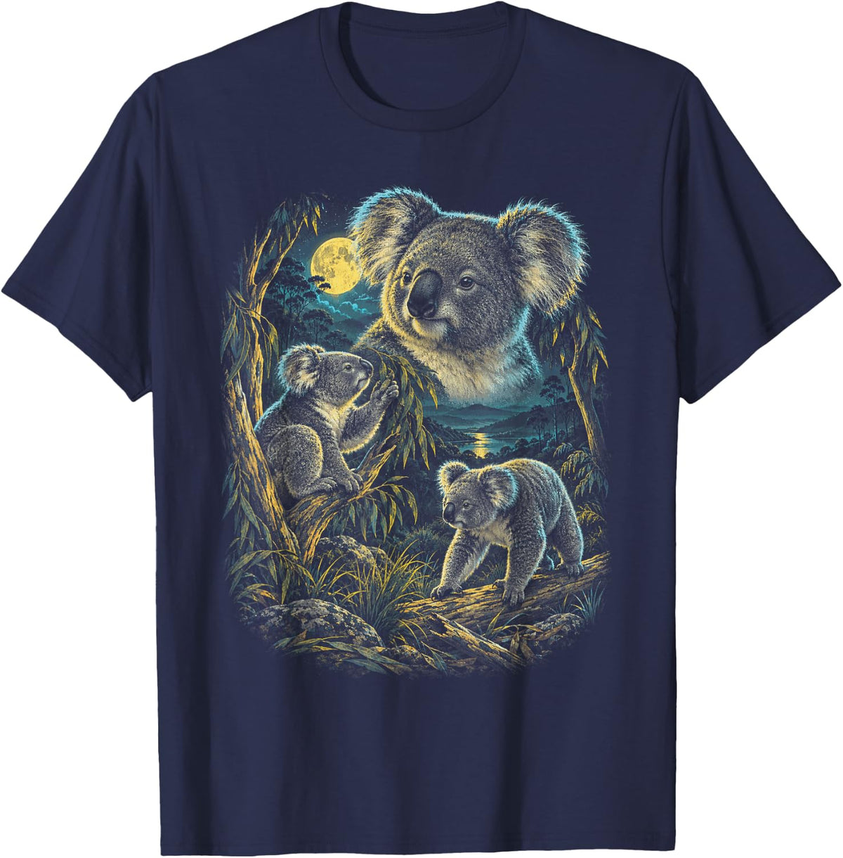 Koala Bear Family Moonlight Eucalyptus Wildlife Nature Art T-Shirt - Navy Blue