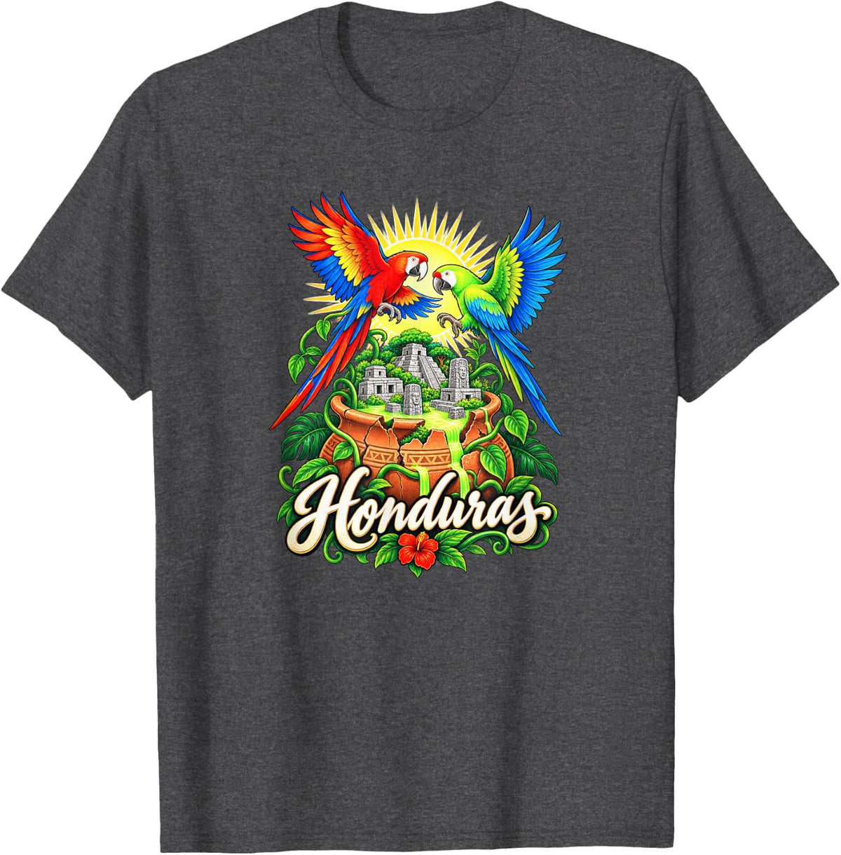 Honduras Macaws and Jungle Ruins T-Shirt - Dark Heather Grey