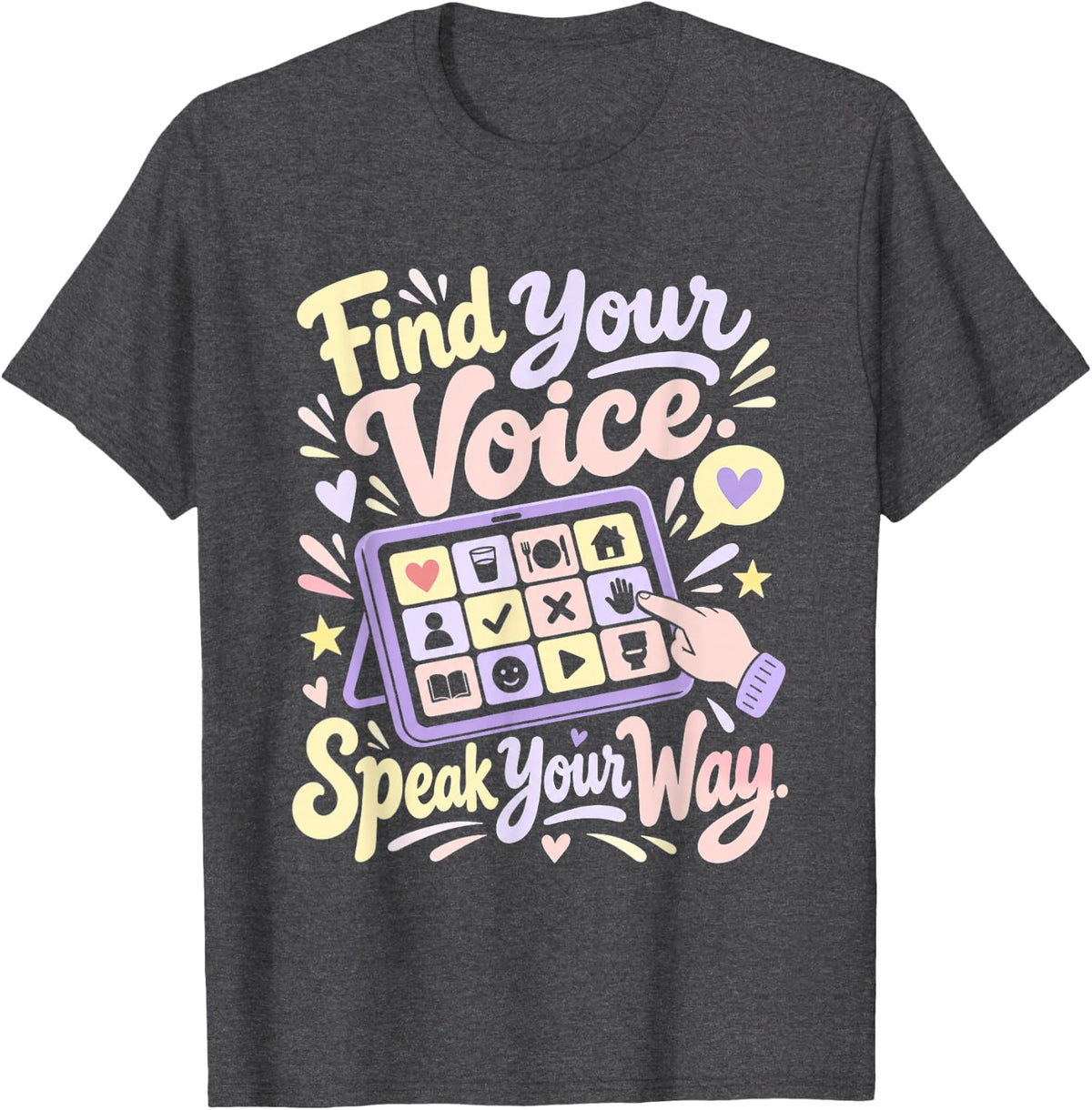 AAC Communication Board for Neurodiversity Awareness T-Shirt - Dark Heather Grey