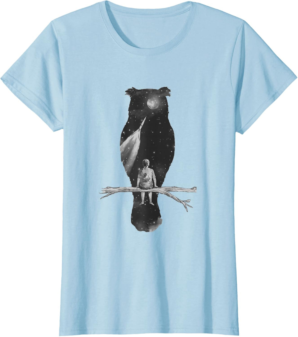 Owl, Space, Dreams, boy, Tree, Night, Stars, Space, Dreams T-Shirt - Baby Blue