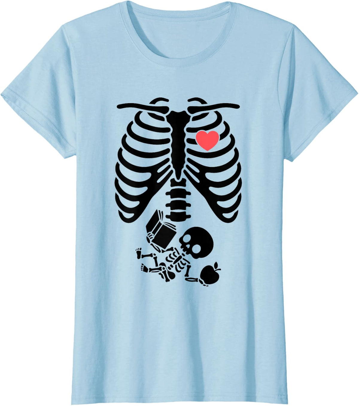 Teacher Skeleton Ribcage Apple Book Baby Bump Halloween Art T-Shirt - Baby Blue