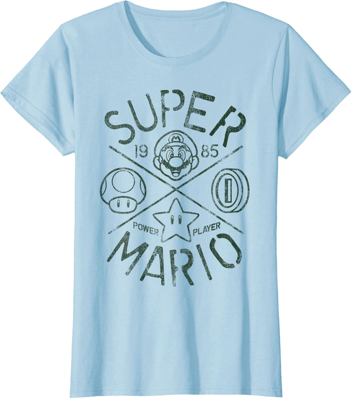 Nintendo Super Mario Vintage Crest 1985 Graphic T-Shirt T-Shirt - Baby Blue