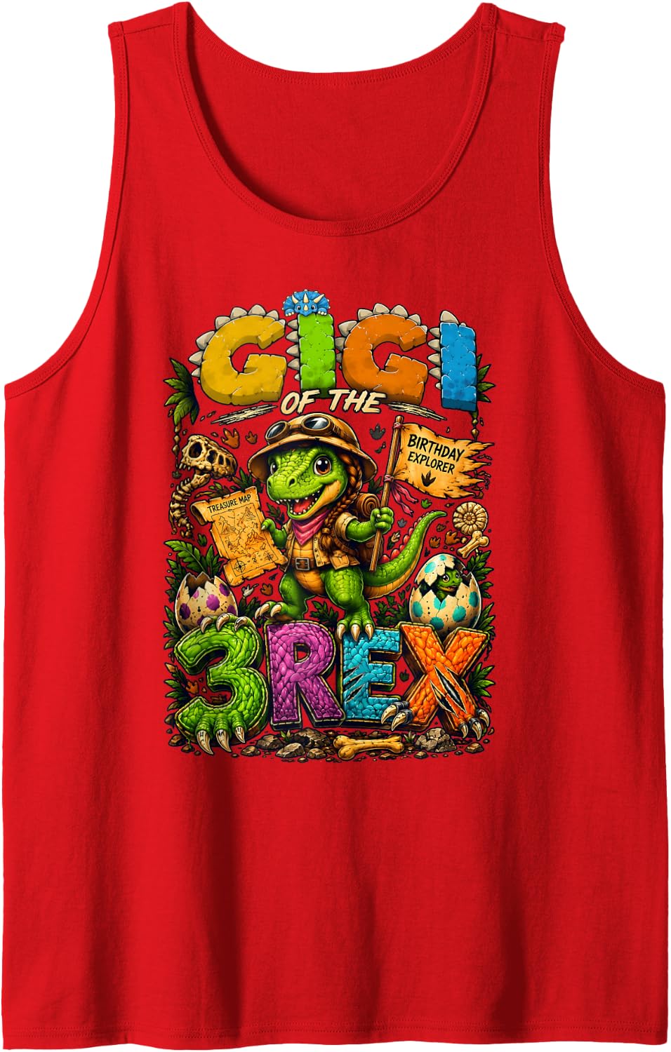 Grandma Gigi of The Three Rex Birthday Dinosaur T-Rex Tank Top - Red
