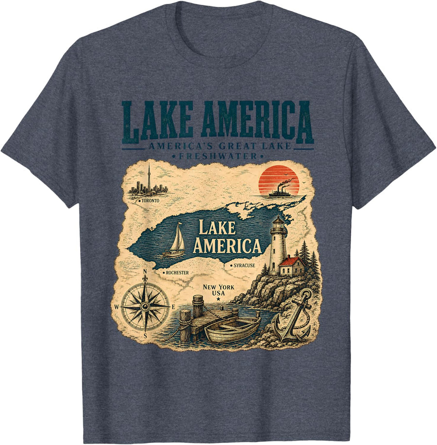 Lake America Est 2026 USA Patriotic Retro Vintage Americana T-Shirt - Heather Blue