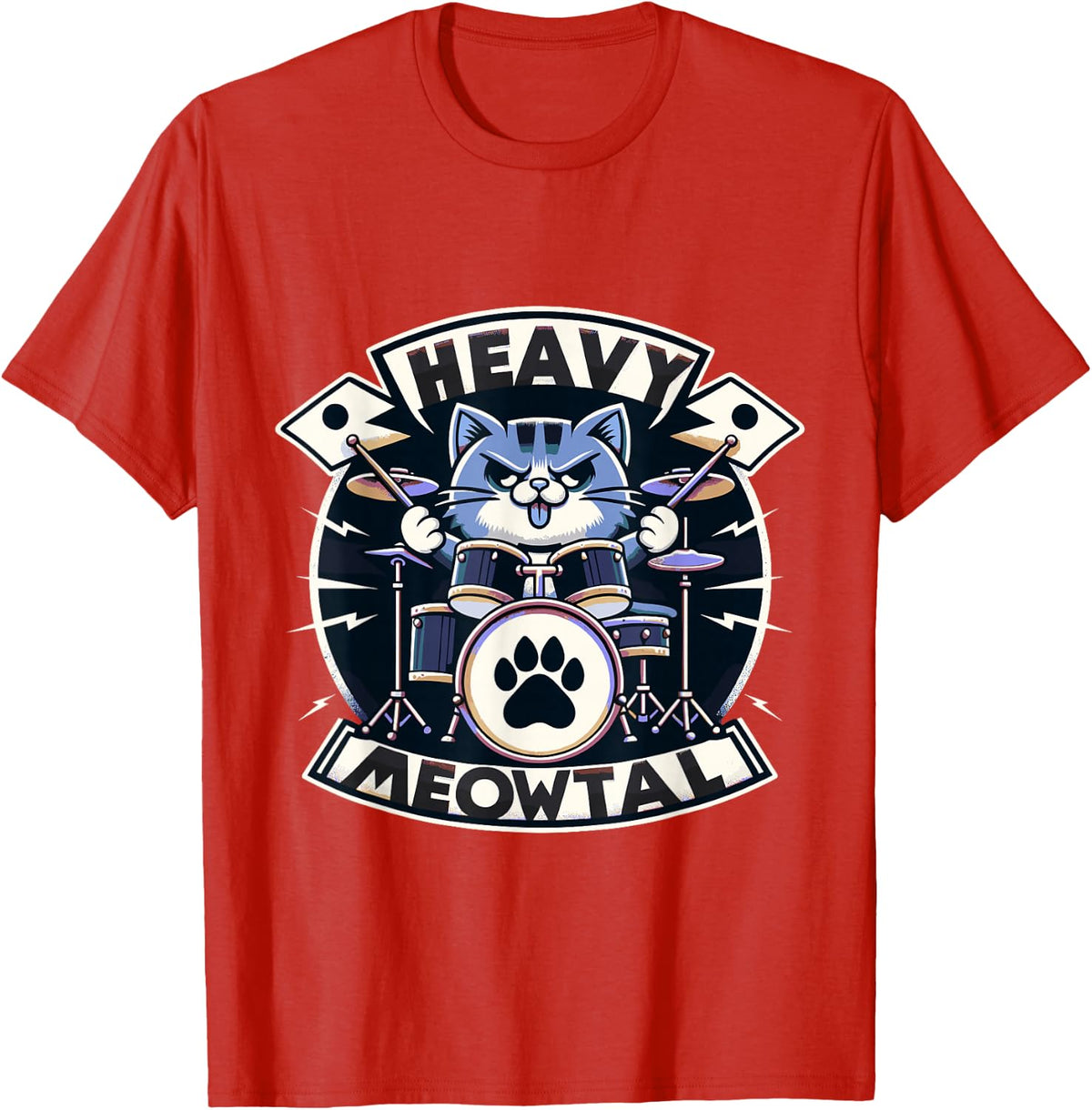 Heavy Meowtal Rock Music Drummer Cat T-Shirt - Red