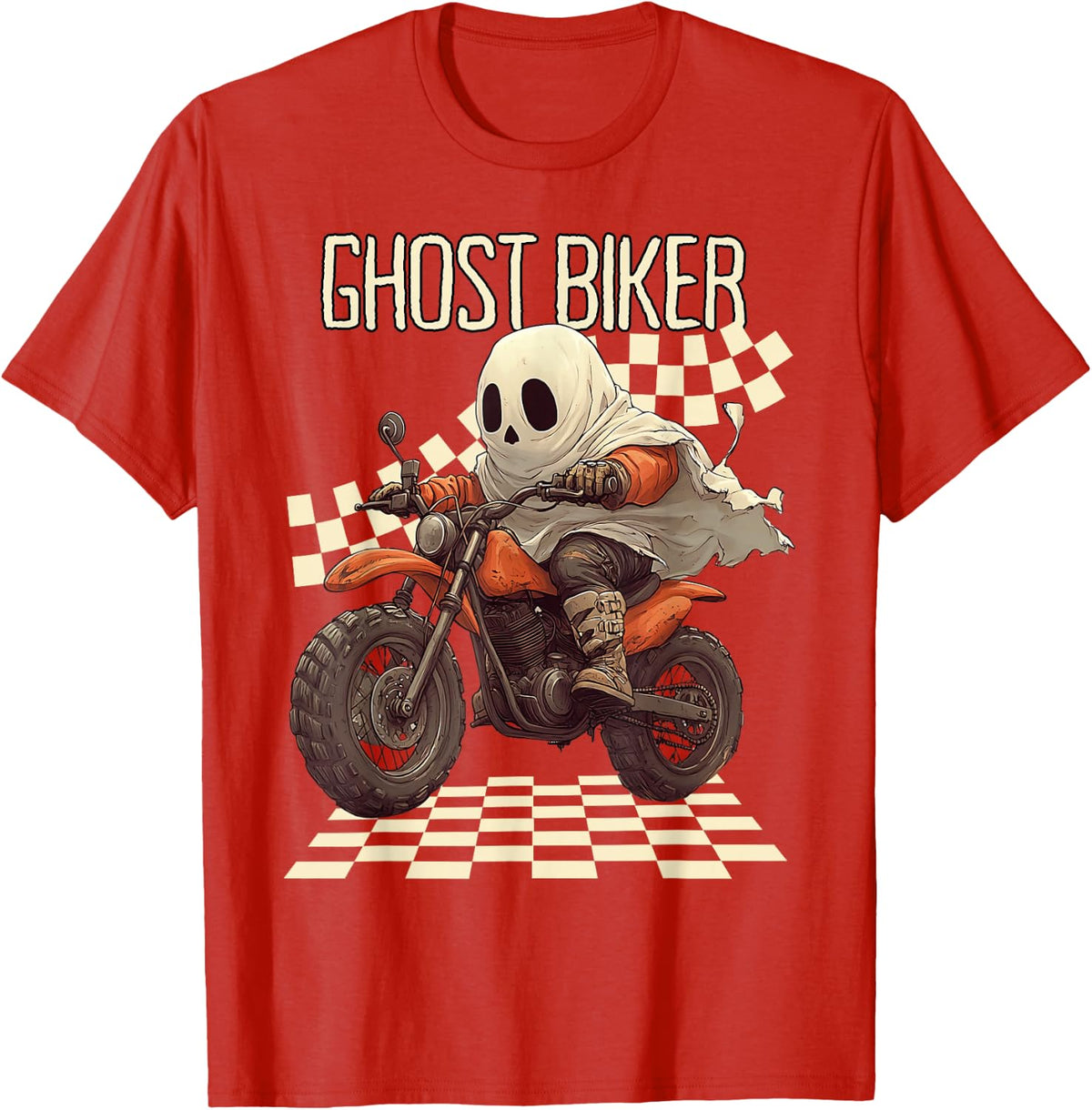 Funny Halloween Ghost Biker on Motorcycle T-Shirt - Red