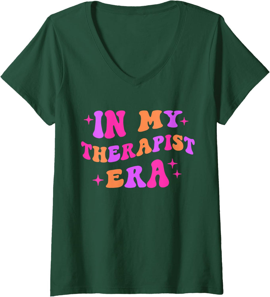 In My Therapist Era Groovy Retro 2000s Counselor LPC LCSW V-Neck T-Shirt - Dark Green