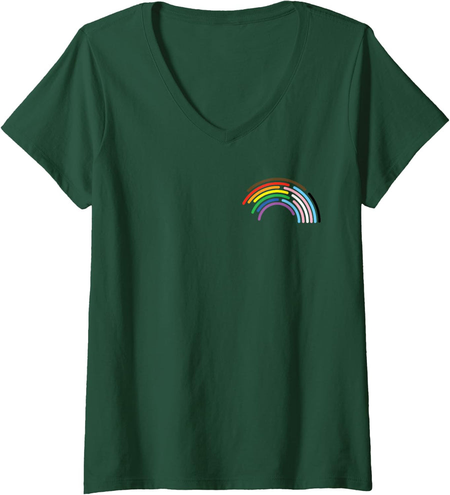 Women's Rainbow Pocket LGBT Pride Month V-Neck T-Shirt - Dark Green