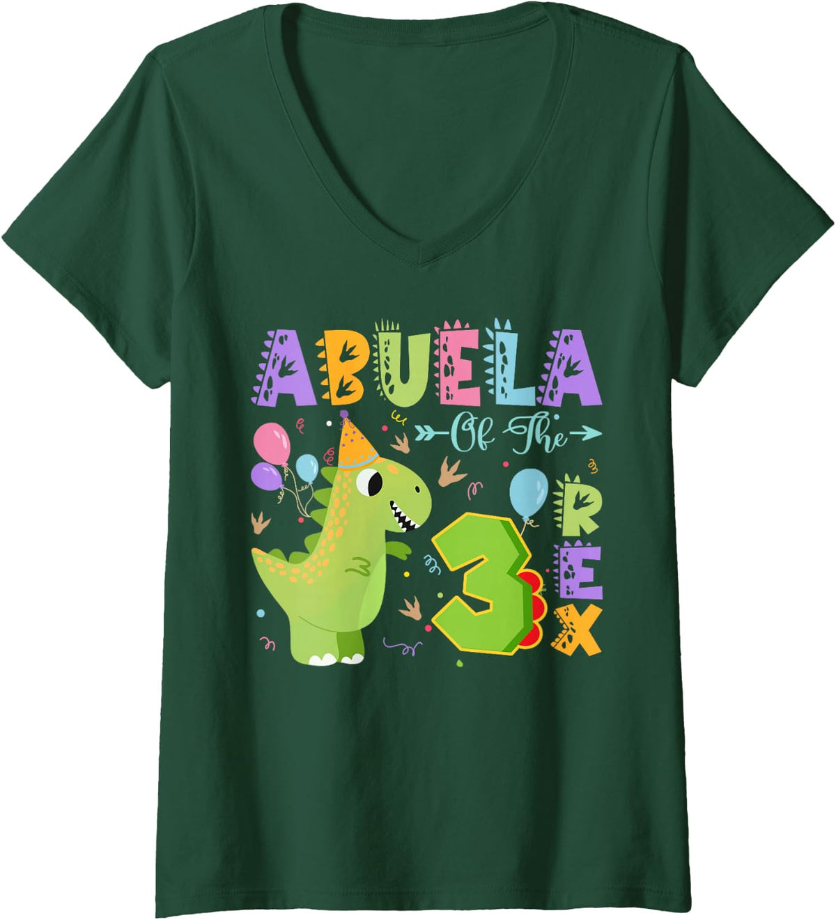 Women's Abuela of The Three Rex 3Rd Birthday Dinosaur Party V-Neck T-Shirt - Dark Green