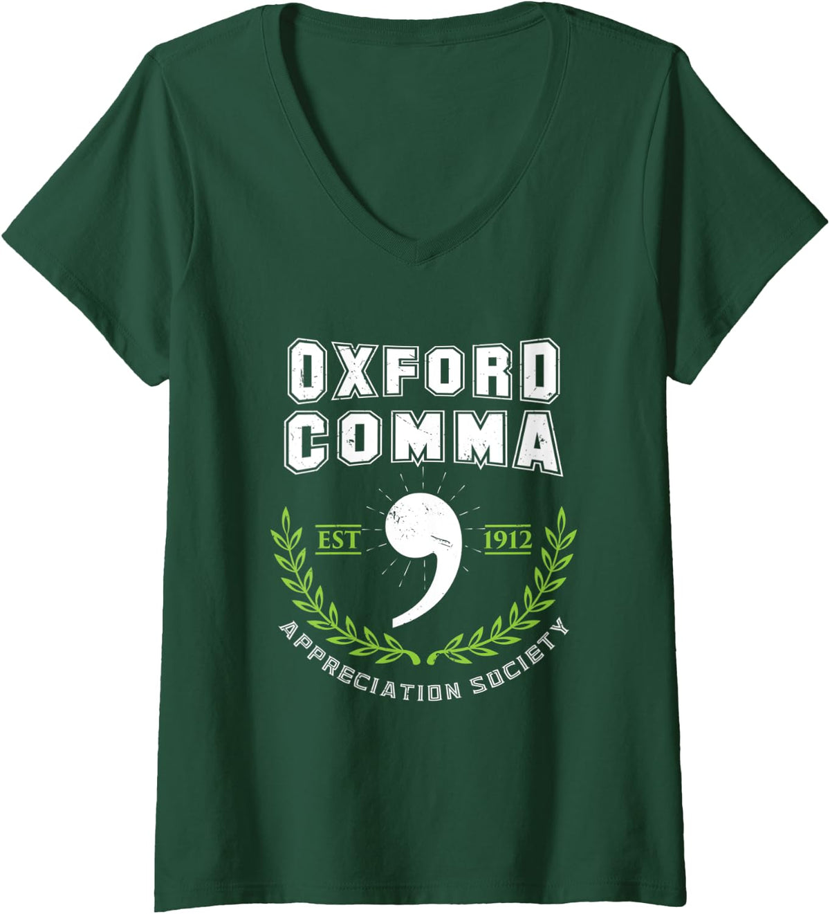 Womens Oxford Comma Appreciation Society Grammar Police Team V-Neck T-Shirt - Dark Green