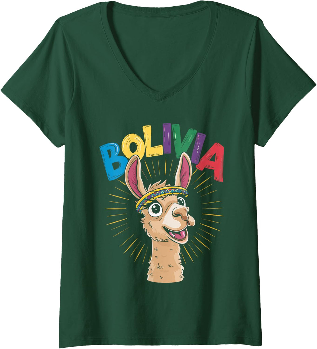 Women's Bolivia Llama V-Neck T-Shirt - Dark Green