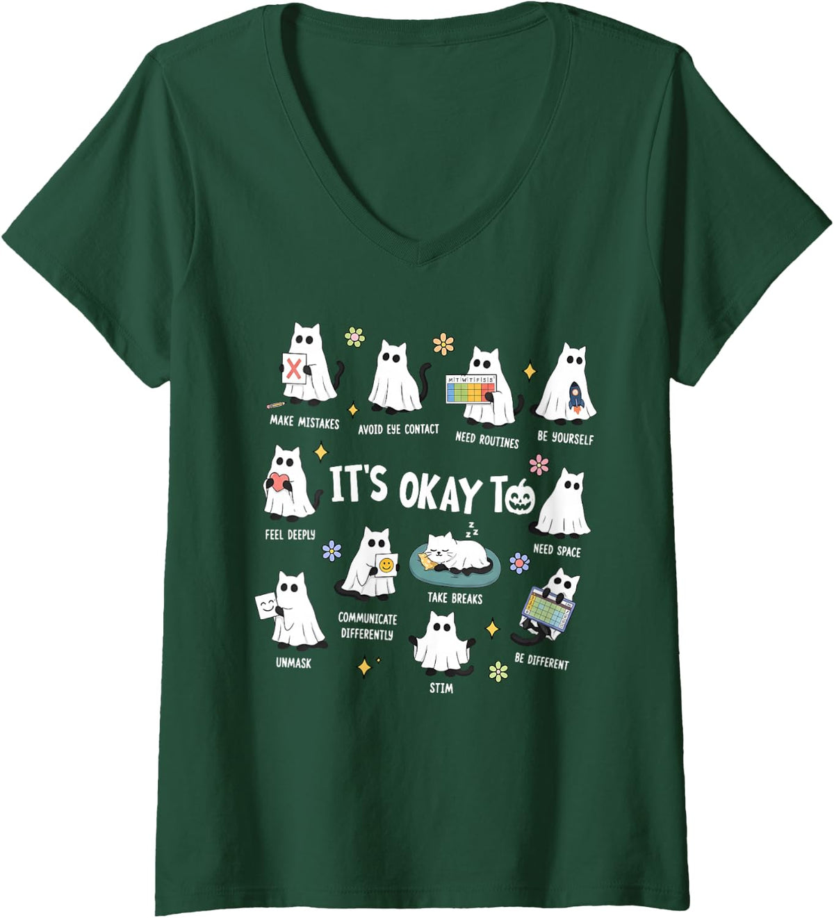 Women's It's OK to Be Yourself Halloween Autism Acceptance Ghost Cat V-Neck T-Shirt - Dark Green