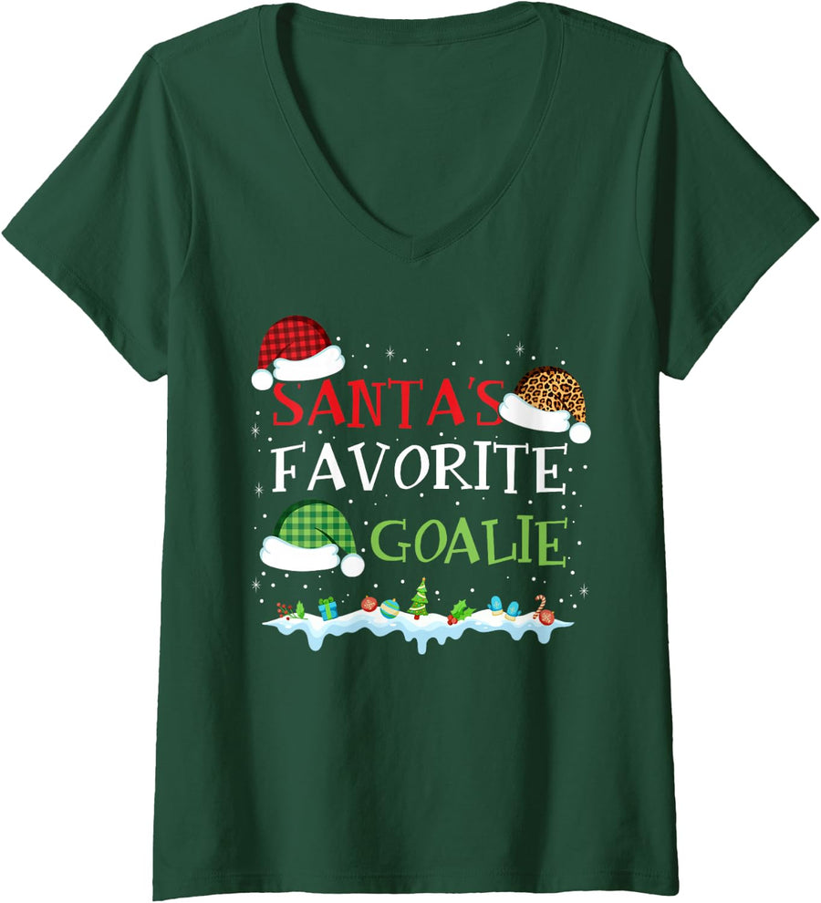 Women's Santa's Favorite Goalie Fun Christmas Goalkeeper V-Neck T-Shirt - Dark Green