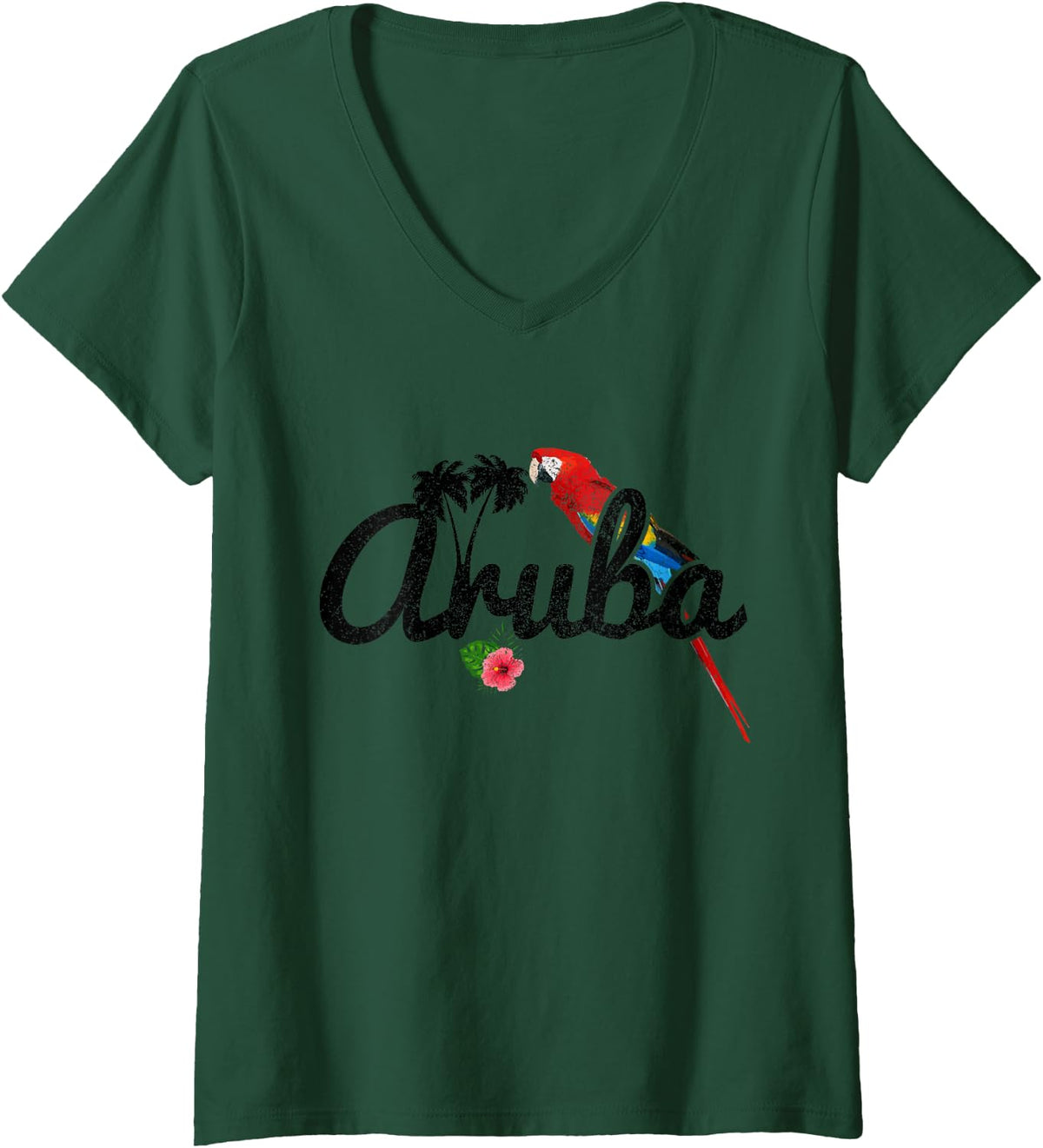 Women's Aruba Parrot Macaw Vintage Pride Aruban Souvenir V-Neck T-Shirt - Dark Green