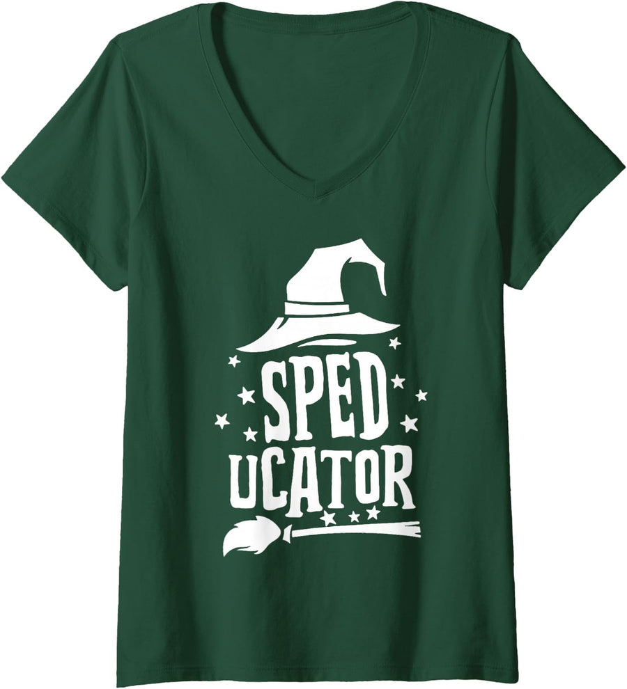 Women's SPED Teacher - speducator Funny Halloween Witches hat V-Neck T-Shirt - Dark Green