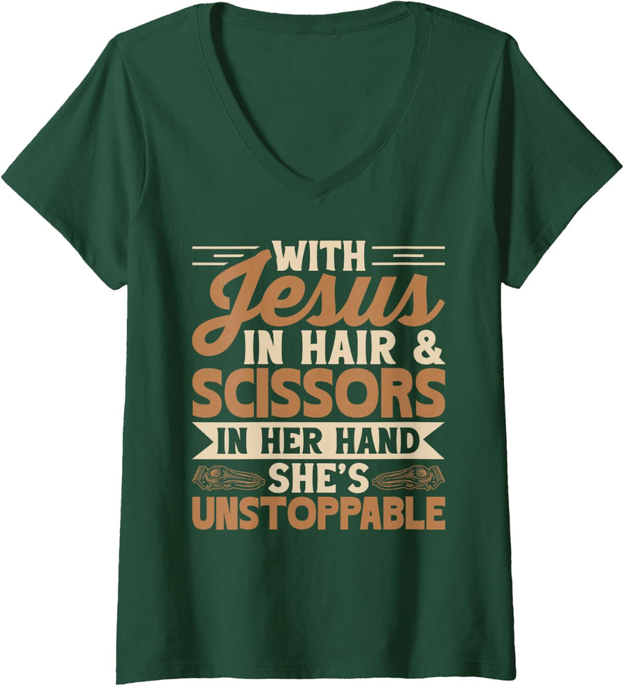 Women's Funny Jesus Hairdresser Woman Hairstylist Barbershop V-Neck T-Shirt - Dark Green