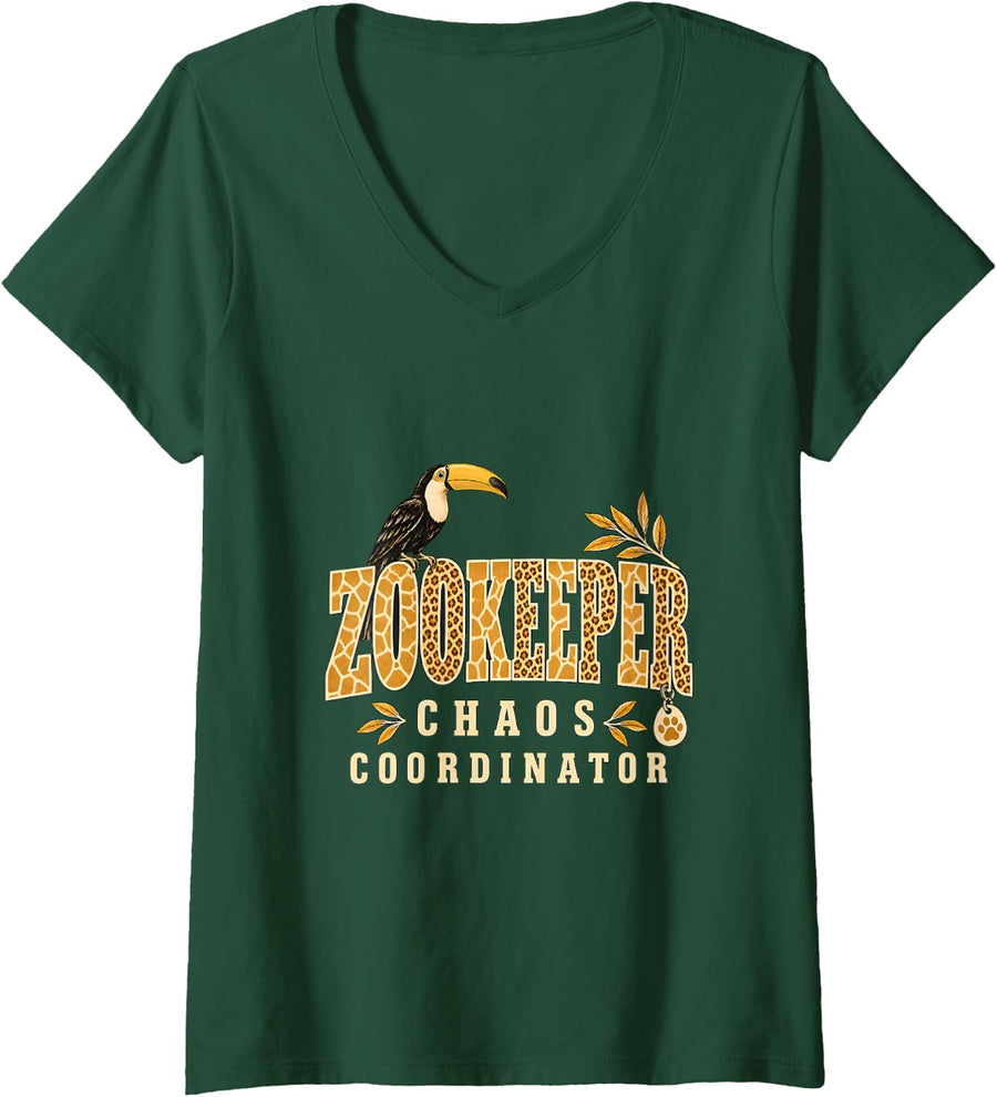 Women's Zookeeper Chaos Coordinator Safari Halloween Zoo Keeper V-Neck T-Shirt - Dark Green