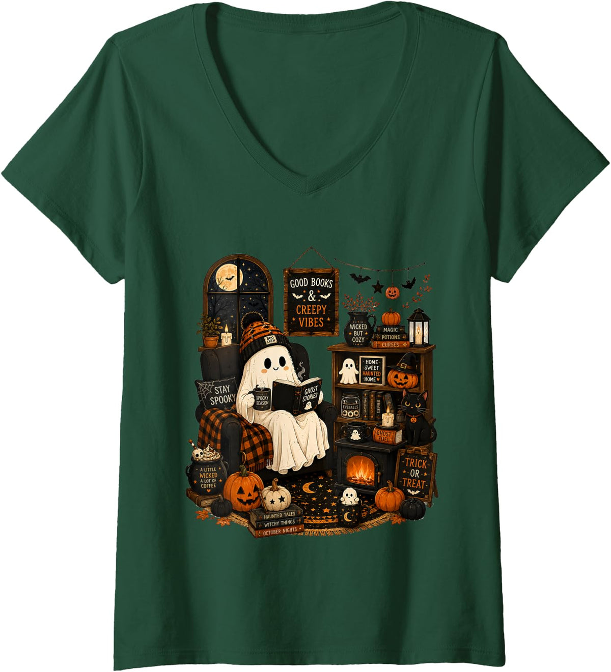 Women's Bookish Ghost Reading Ghost Stories Coffee Lover Cozy Home V-Neck T-Shirt - Dark Green