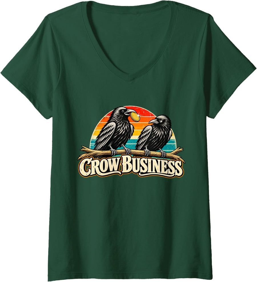 Women's Crow Business Funny Crows Vintage Sunset Corvid Humor V-Neck T-Shirt - Dark Green