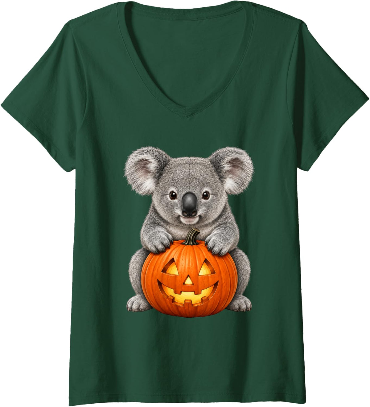 Women's Koala Bear Funny Jack O Lantern Pumpkin Halloween V-Neck T-Shirt - Dark Green