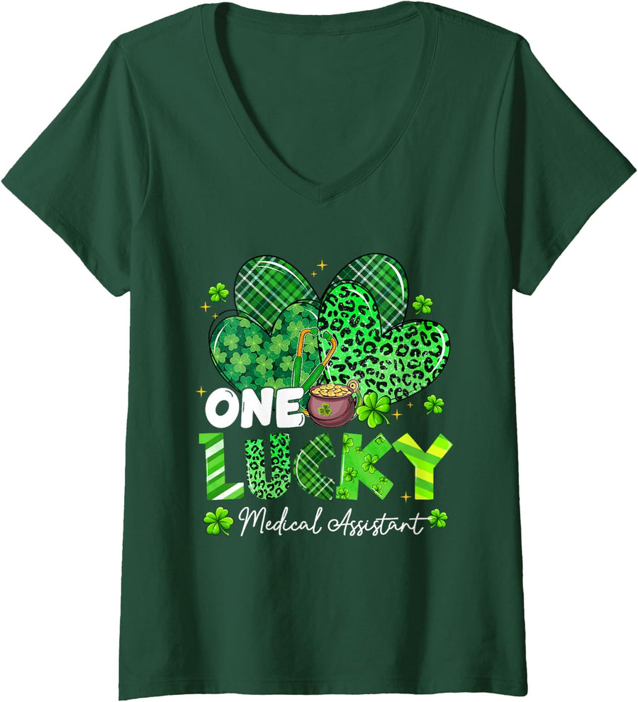 Women's One Lucky Medical Assistant St Patrick's Day Shamrock Heart V-Neck T-Shirt - Dark Green