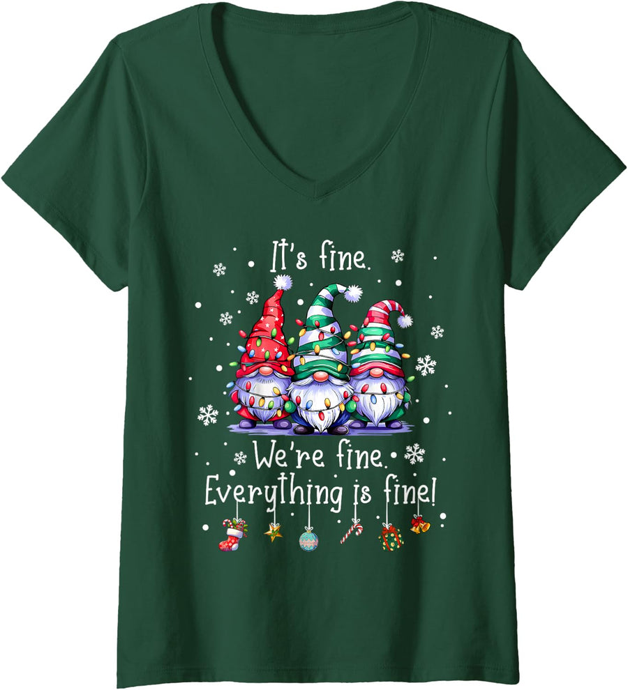 Women's It's Fine We're Fine Everything is Fine Gnome Teacher Xmas V-Neck T-Shirt - Dark Green