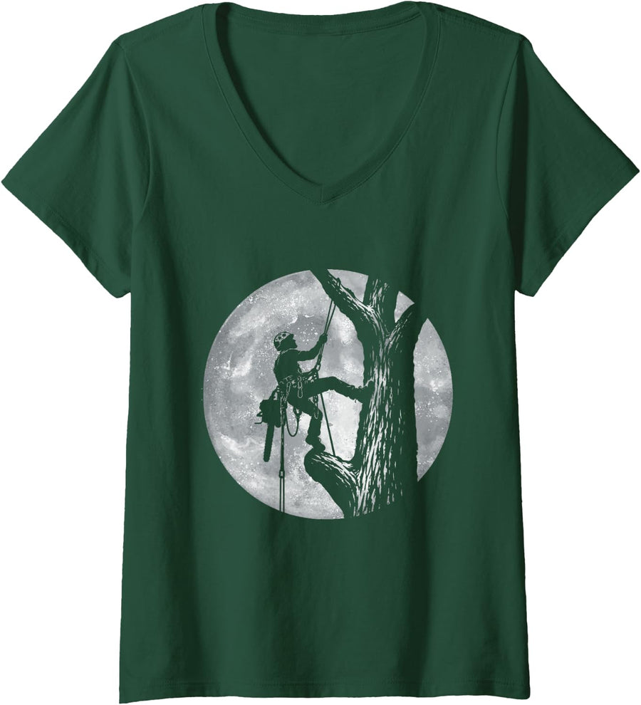 Women's Arborist Moon - Arborist Tree Surgeon Tree Trimmer Chainsaw V-Neck T-Shirt - Dark Green