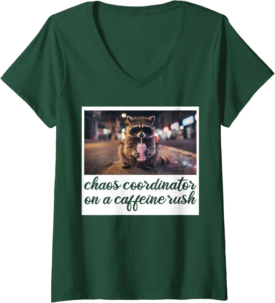 Women's Chaos Coordinator on a Caffeine Rush Funny Raccoon V-Neck T-Shirt - Dark Green