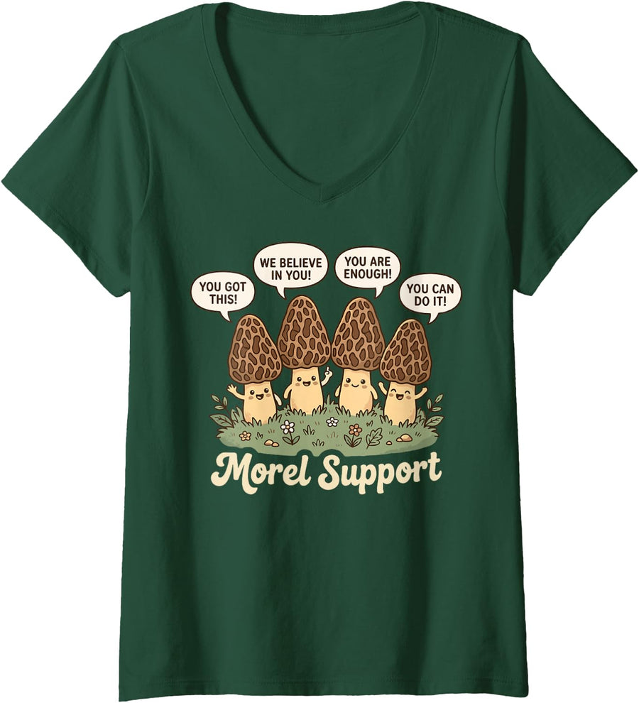 Women's Cute Morel Mushrooms Inspirational Support Design V-Neck T-Shirt - Dark Green