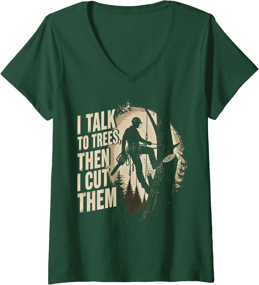 Women's Arborist Lumberjack Tree Cutter Chainsaw Operator V-Neck T-Shirt - Dark Green